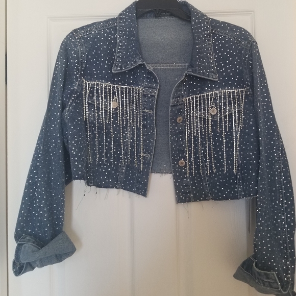 Emerson Lang Jackets & Blazers - COPY - NWT!!!Womens Crop Rhinestone Fringe Jean Denim Jacket Casual Cowgirl Tas…